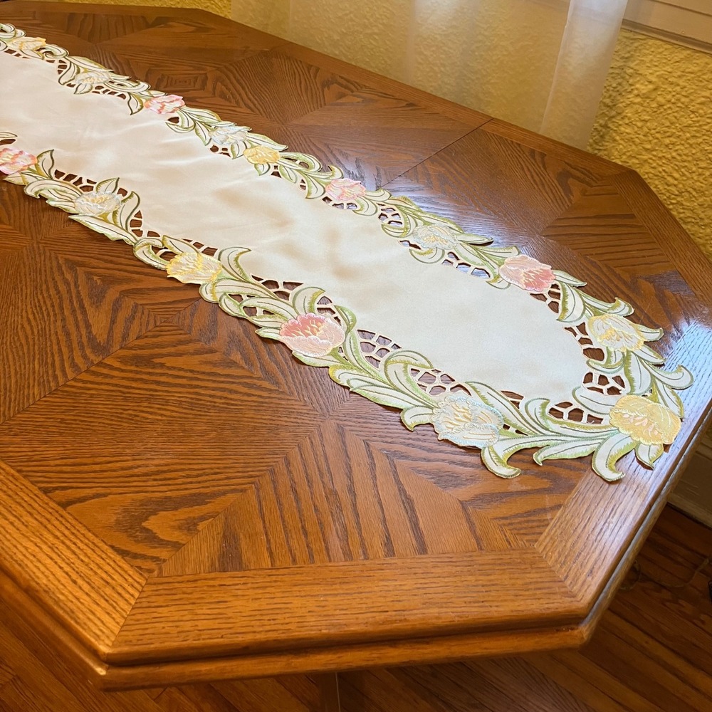 Table Runner Cream Pastel Floral Embroidered Cutout Cottage Shabby Chic Spring
